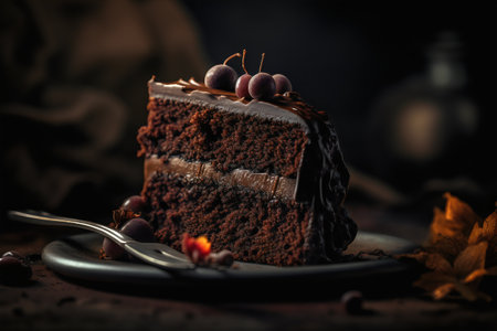Chocolate cake with cherries on a dark background. Toned.の写真素材