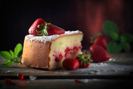Strawberry Cheesecake with fresh strawberries on a wooden backgroundの写真素材