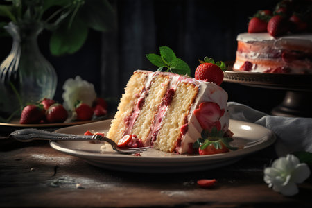 Strawberry cake on a rustic wooden background. Selective focus.の写真素材