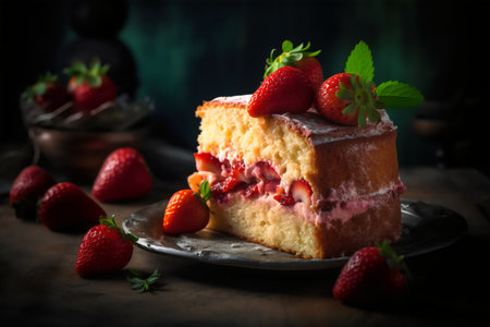 Strawberry cake with fresh strawberries on a dark wooden background.の写真素材