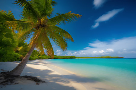 Coconut palm tree on tropical beach at Seychellesの写真素材