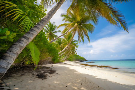 Beautiful tropical beach with coconut palm tree at Seychellesの写真素材