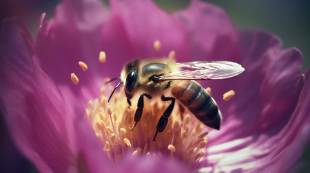 Bee on a pink flower, close-up. Shallow depth of fieldの写真素材