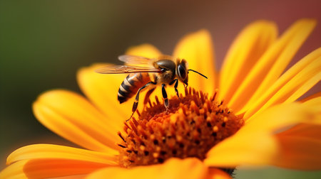 Bee on yellow daisy flower. Shallow depth of field.の写真素材