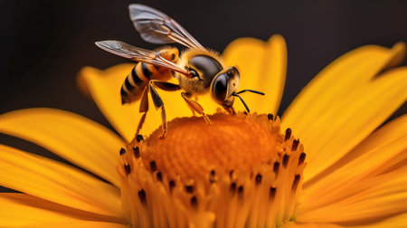 Macro of a bee on a yellow flower. Shallow depth of fieldの写真素材
