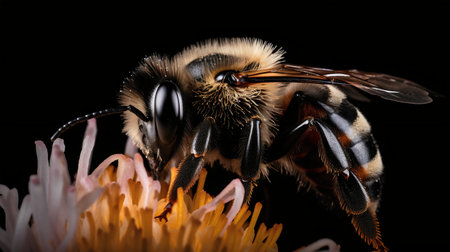 Macro shot of a bee pollinating a flower on a black backgroundの写真素材
