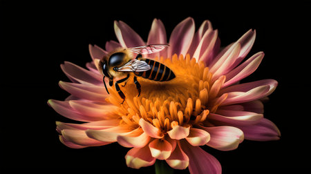 Bee on a dahlia flower isolated on a black background.の写真素材