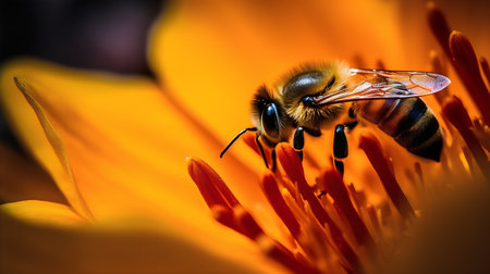 Macro of a bee collecting pollen from a flower. Shallow depth of field.の写真素材
