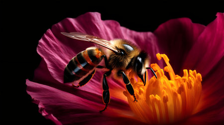 bee on a flower on a black background. close-up. macroの写真素材