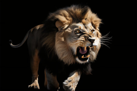 Portrait of a male lion on a black background, side viewの写真素材