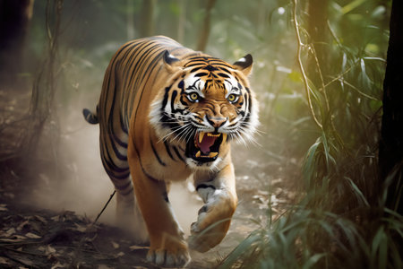 Sumatran tiger walking in the jungle. (Panthera tigris altaica)の写真素材