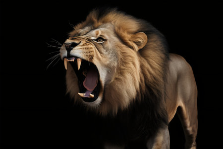 Portrait of a lion on a black background, side view.の写真素材