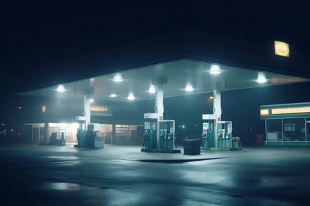 Gas station in the fog at night. Shallow depth of fieldの写真素材