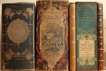 Old books on the shelf in the library, close-up.の写真素材
