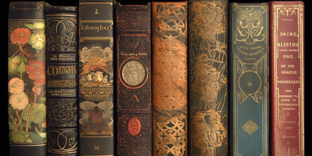 Collection of old books on black background. Vintage bookshelf.の写真素材