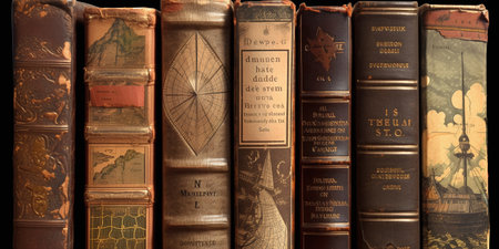 Old books on a black background. Close-up. Vintage-style.の写真素材