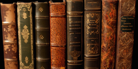Collection of old books on a black background close-up. Educational concept.の写真素材