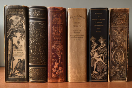 Old books on a shelf in an old library, close-upの写真素材