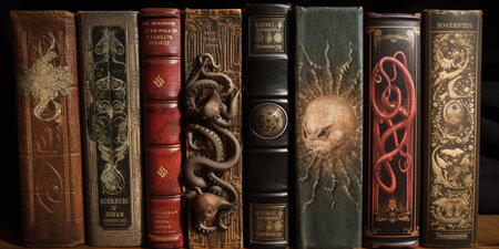 Collection of old books on a shelf in the library, close-upの写真素材