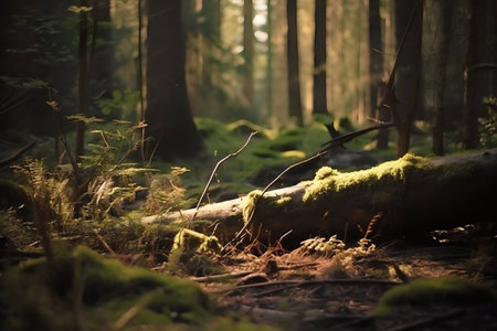 Forest with moss and tree trunks in the light of the setting sunの写真素材