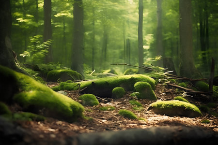 Beautiful green forest with mossy rocks, sun rays and treesの写真素材
