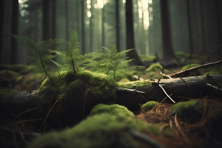 Ferns growing in a mossy coniferous forest.の写真素材