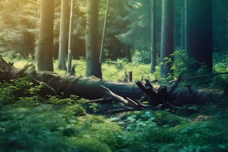 Sunlight in the forest. Beautiful natural background. Toned.の写真素材