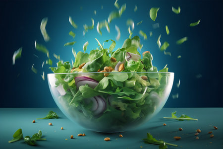 Salad with arugula and nuts in glass bowl on blue backgroundの写真素材