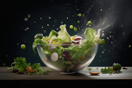 Vegetable salad in a glass bowl with splashes on a dark backgroundの写真素材