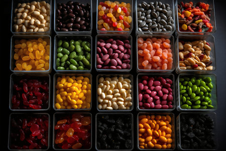 Variety of colorful candies on black background. Top view.の写真素材