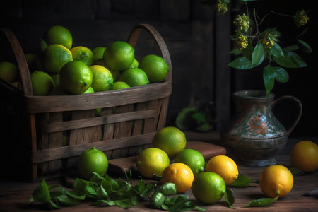 Lemons and limes in a basket on a wooden tableの写真素材