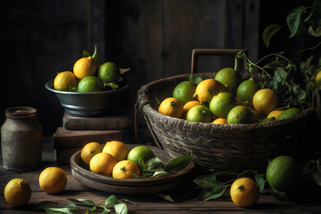 Lemons and tangerines in a basket on a wooden tableの写真素材