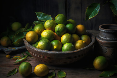 Lemons in a bowl on a wooden background. Toned.の写真素材