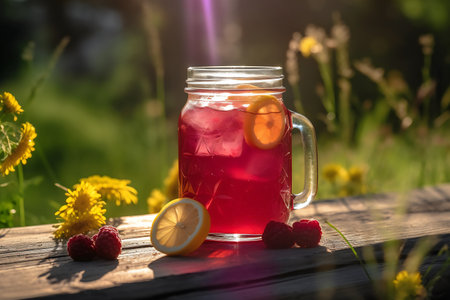 Refreshing raspberry lemonade in a glass jar on a wooden table in the gardenの写真素材