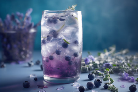 Blueberry lemonade in a glass with ice and blueberries on a blue backgroundの写真素材