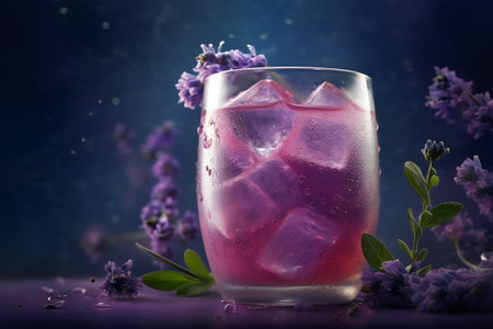 Lavender drink with ice cubes and lavender flowers on dark backgroundの写真素材