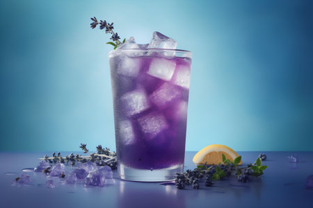 Cocktail with mint, lemon and ice cubes on blue backgroundの写真素材