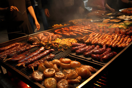 Barbeque with grilled meat and sausages on charcoal grillの写真素材
