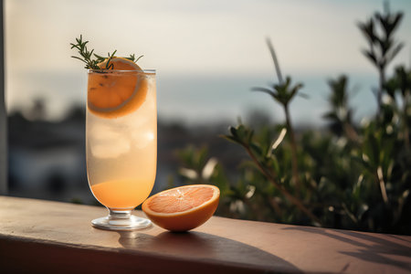 Refreshing orange cocktail with lemon and rosemary on the terraceの写真素材