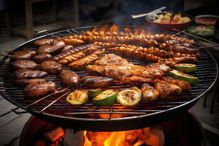 Barbeque with grilled meat and vegetables on grill, closeupの写真素材