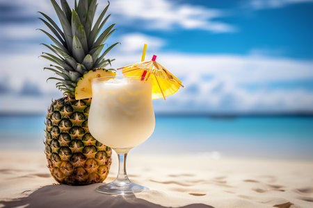 Pineapple cocktail on the sandy beach with blue sky background.の写真素材