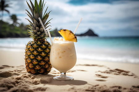 Pina colada cocktail with pineapple on sandy beach at Seychellesの写真素材