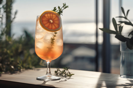 Cocktail with orange and thyme on the table by the seaの写真素材