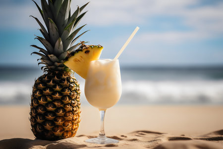 Pina colada cocktail on the beach with pineapple and sea backgroundの写真素材