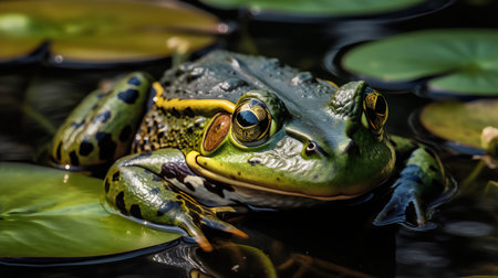 Green frog sitting on a lily leaf in a pond with water liliesの写真素材