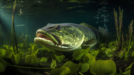 Giant pike swimming in the water. Aquarium scene.の写真素材