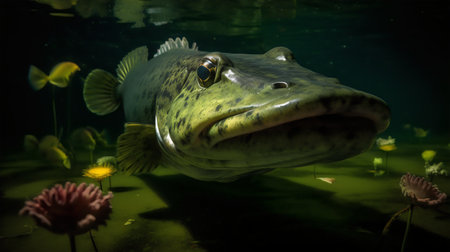 Giant pike swimming in a dark pond with yellow flowers.の写真素材