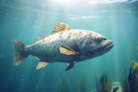 Rainbow trout fish swimming underwater in aquarium. Big freshwater fish.の写真素材