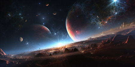3D illustration of an alien planet in space with planets and starsの写真素材