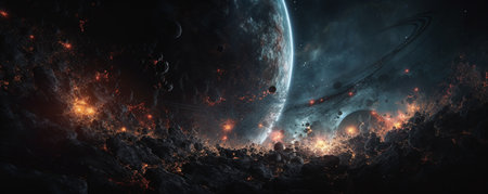 Fantasy alien planet in deep space. 3D Rendering.の写真素材